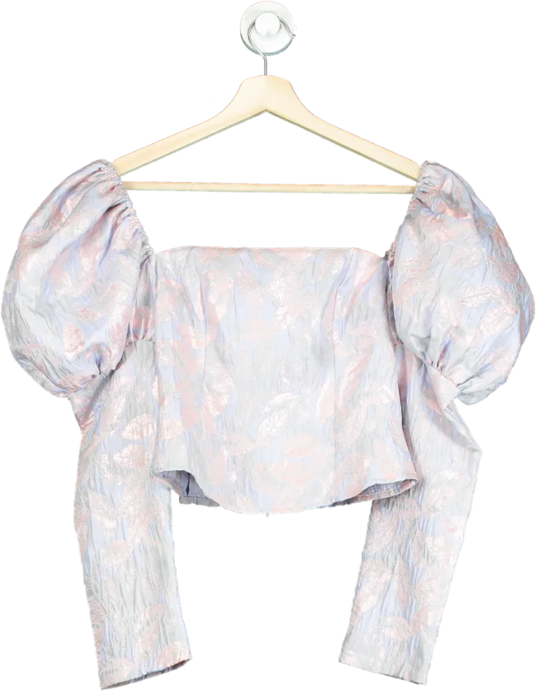 ab’itu Pink and Blue Brocade Puff Sleeve Blouse UK S