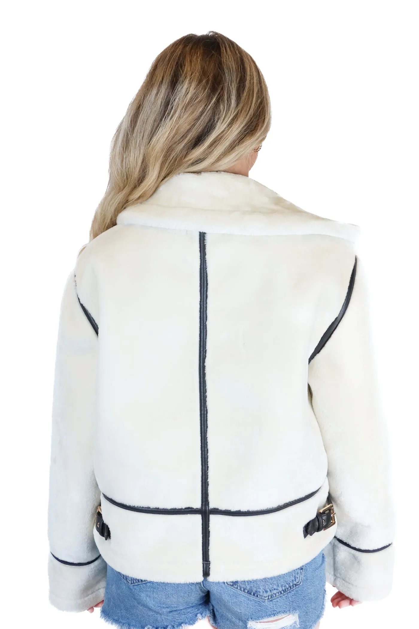 ann taylor white furry coat with vegan leather accents (xs; retail $298)