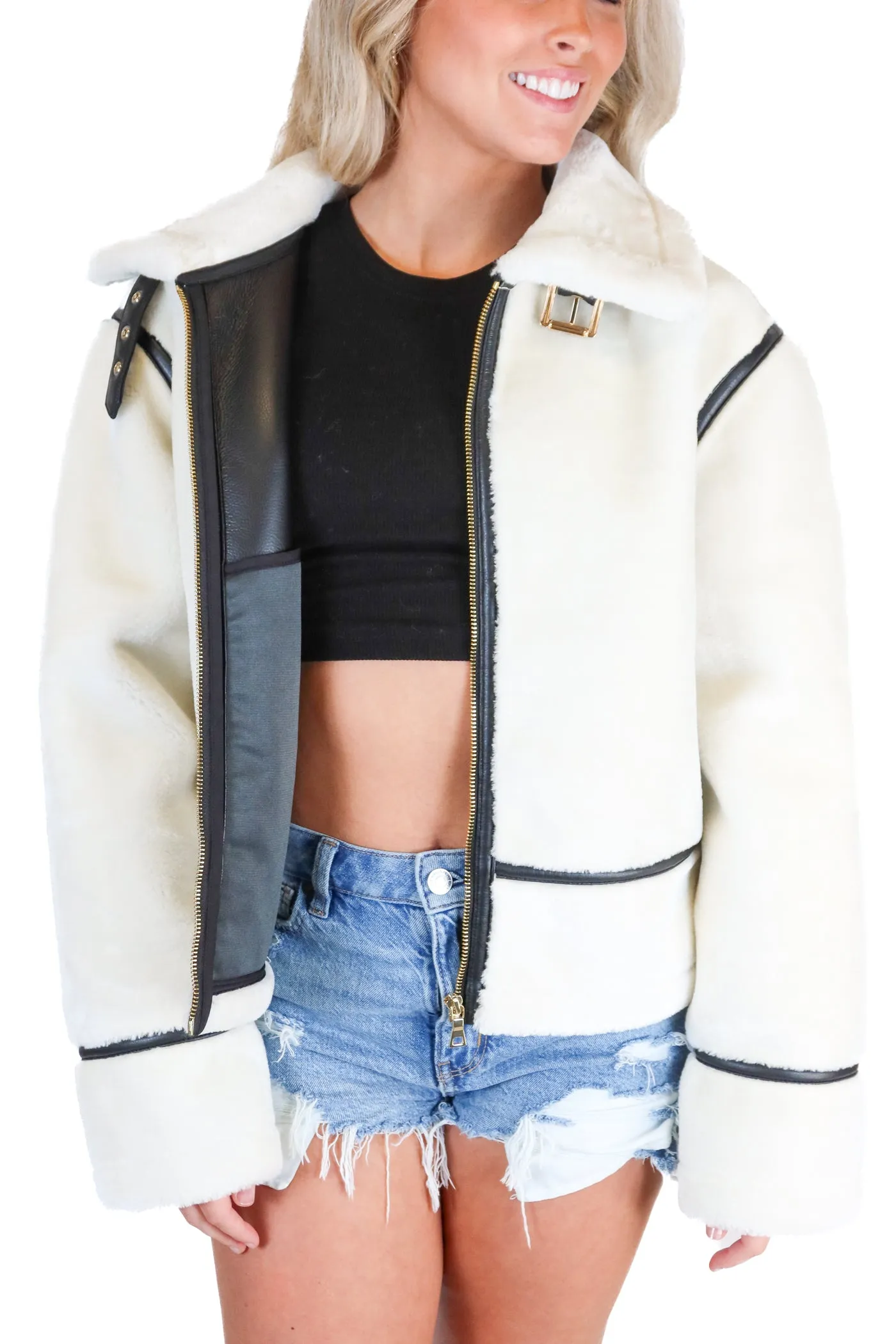 ann taylor white furry coat with vegan leather accents (xs; retail $298)