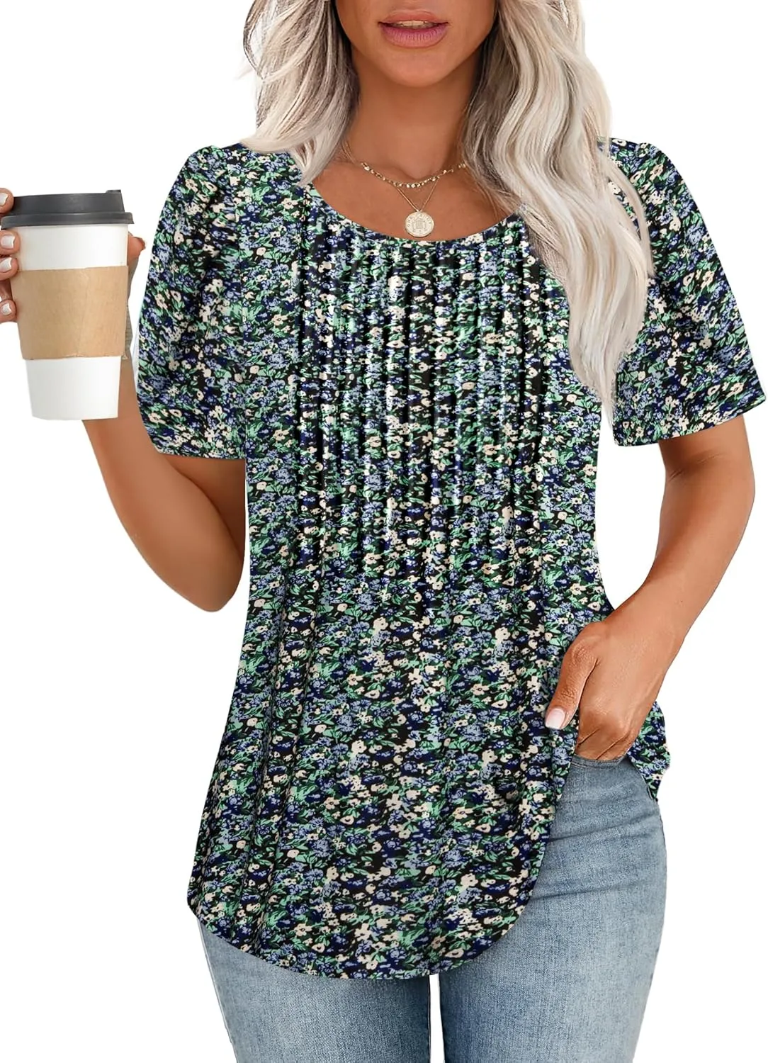 ATHMILE Womens T Shirts Short Sleeve Summer Tops Pleated Dressy Casual Blouses Spring Clothes Beach Vacation 2025