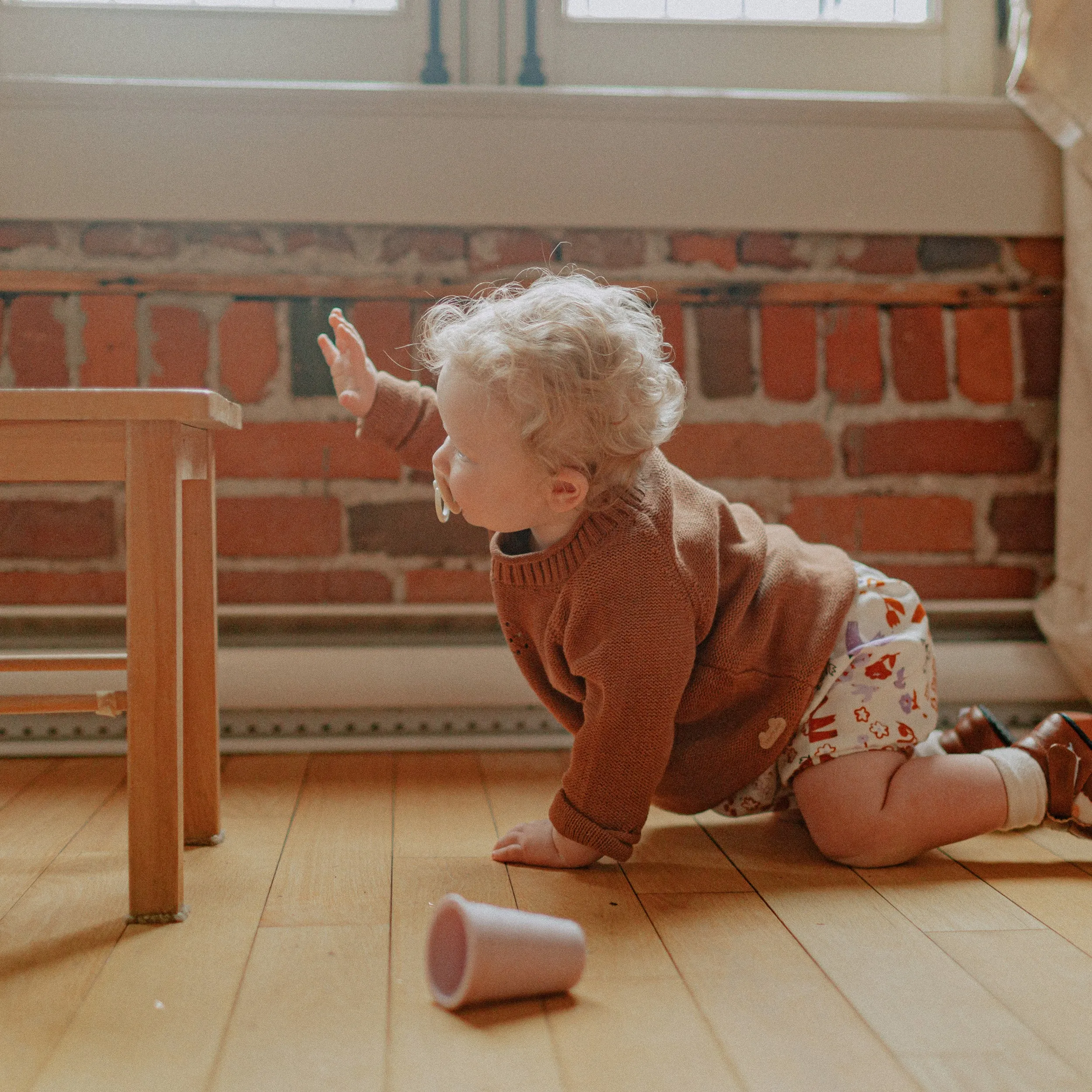 Chandail de maille brun en coton, naissance || Brown knitted crewneck in cotton, newborn