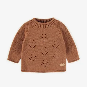 Chandail de maille brun en coton, naissance || Brown knitted crewneck in cotton, newborn
