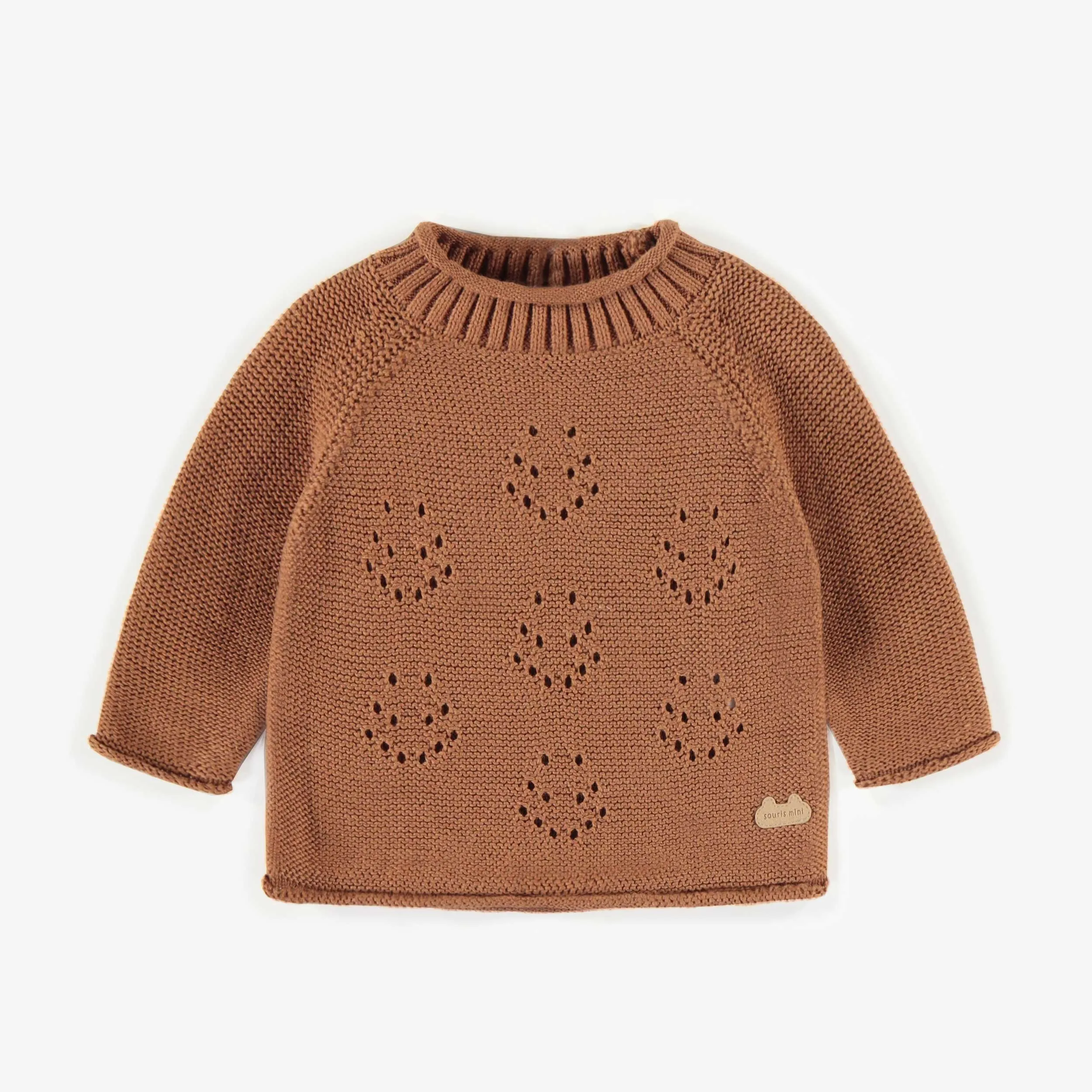 Chandail de maille brun en coton, naissance || Brown knitted crewneck in cotton, newborn