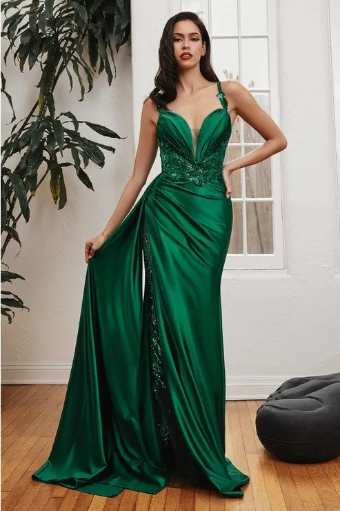 Emerald Soft Satin Fitted Gown With Sash
