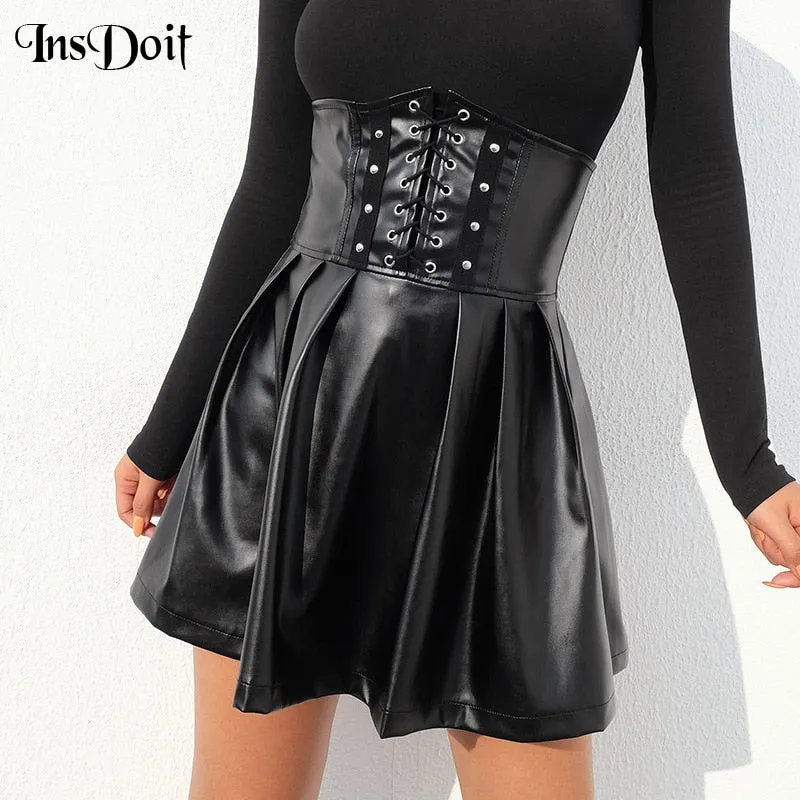 InsDoit Gothic Black Summer Skirts Women Streetwear Faux Leather Vintage Sexy High Waist Skirt Zipper Bandage Punk Fashion Skirt