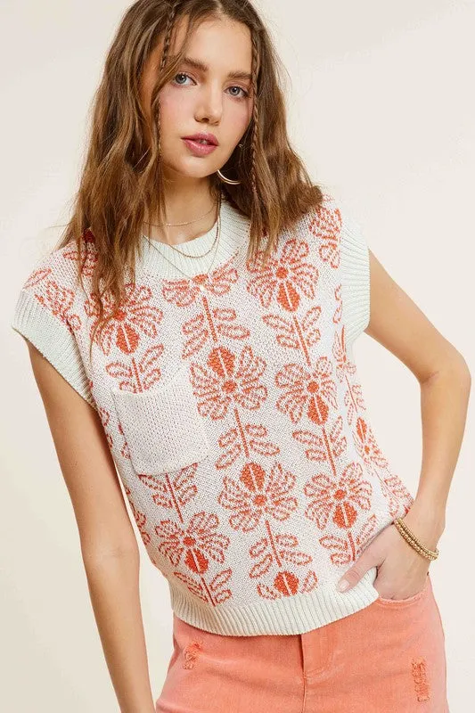 La Miel Flower Pattern Sleeveless Knit Sweater Vest Top