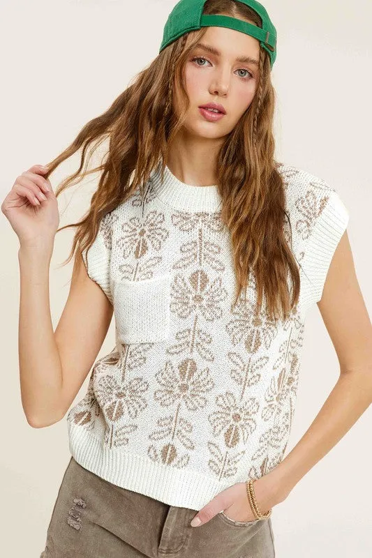 La Miel Flower Pattern Sleeveless Knit Sweater Vest Top