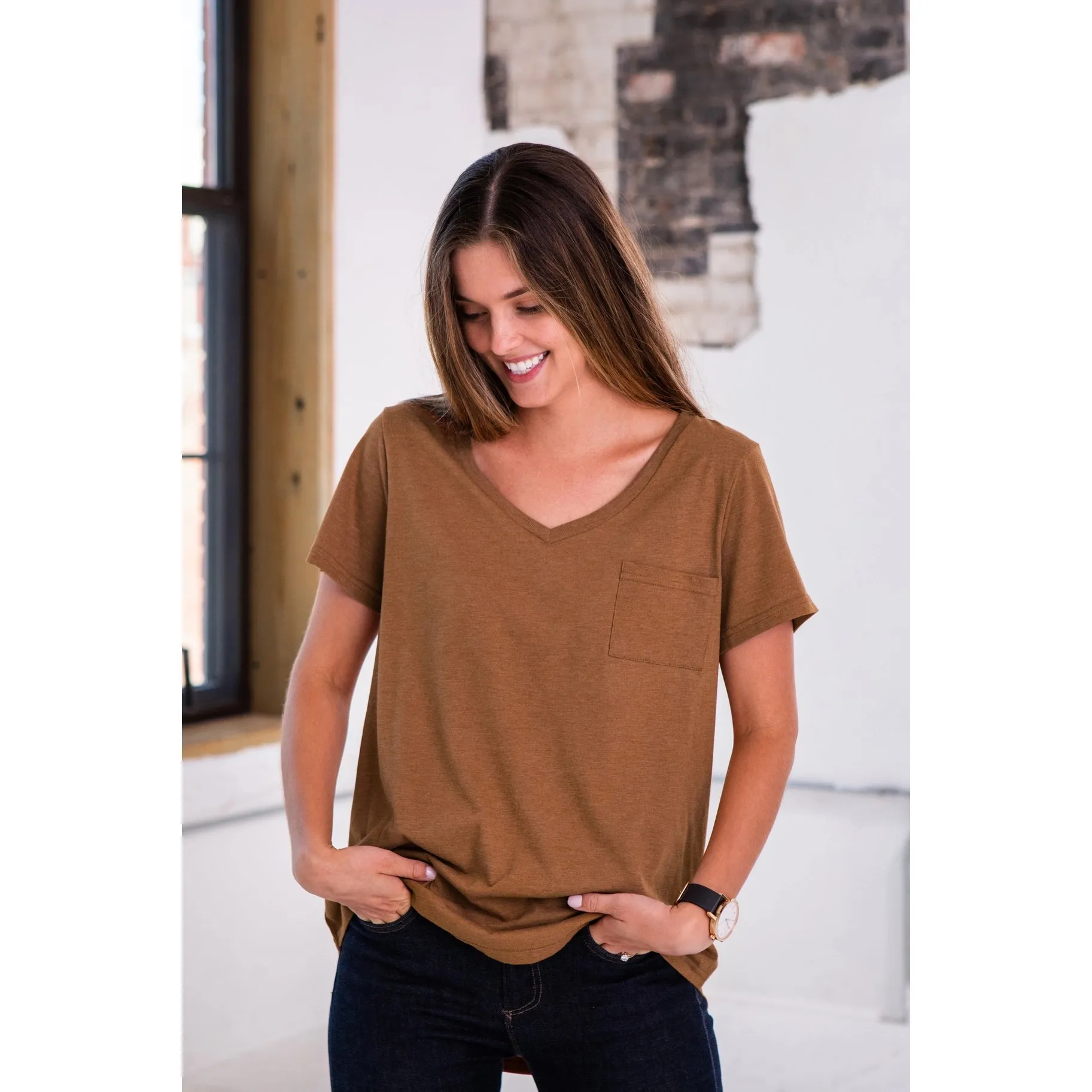 Ladies Simple V-Neck Pocket T-Shirt from Goex