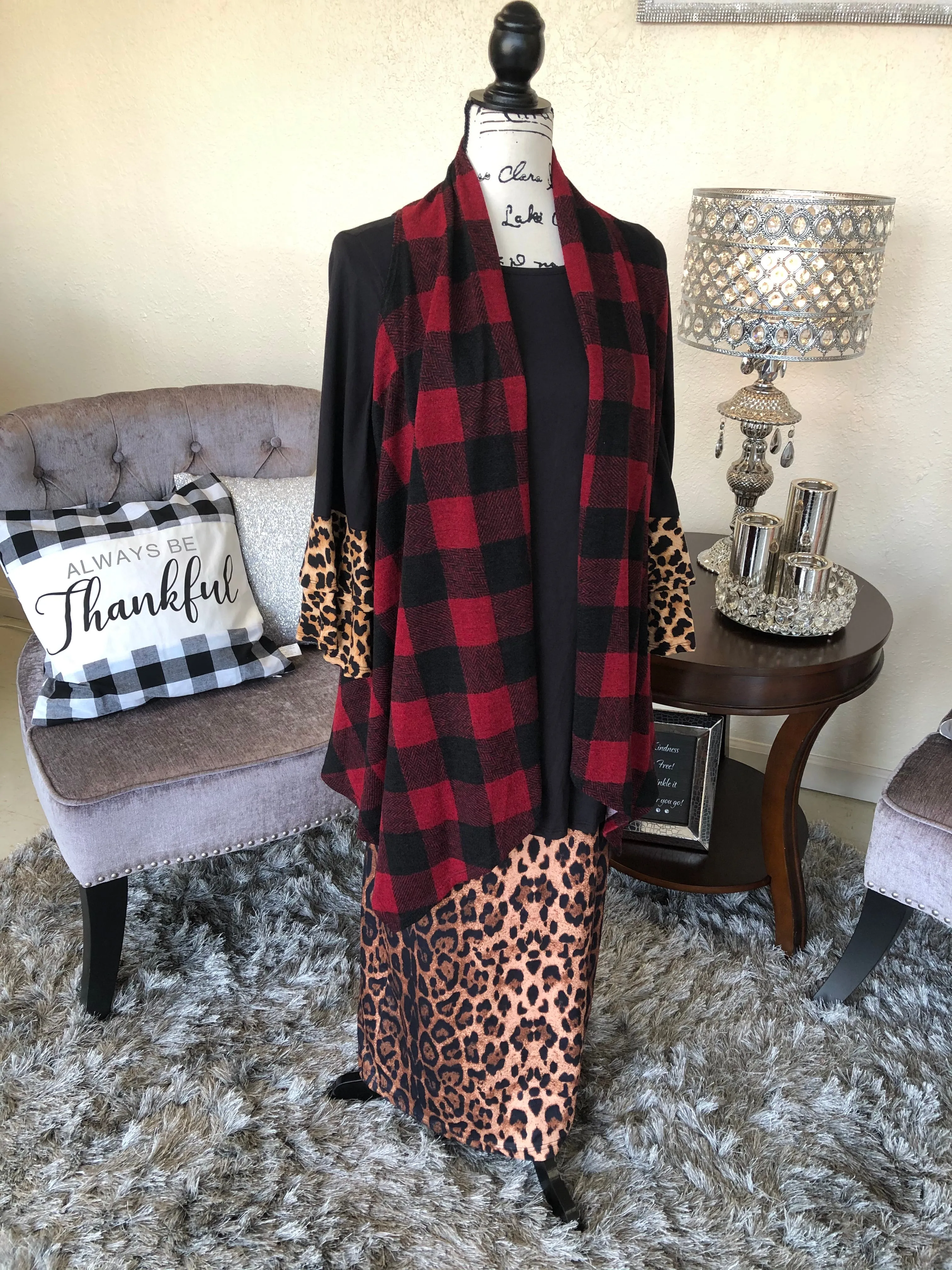 Red Plaid Midi Sleeveless Cardigan/Vest