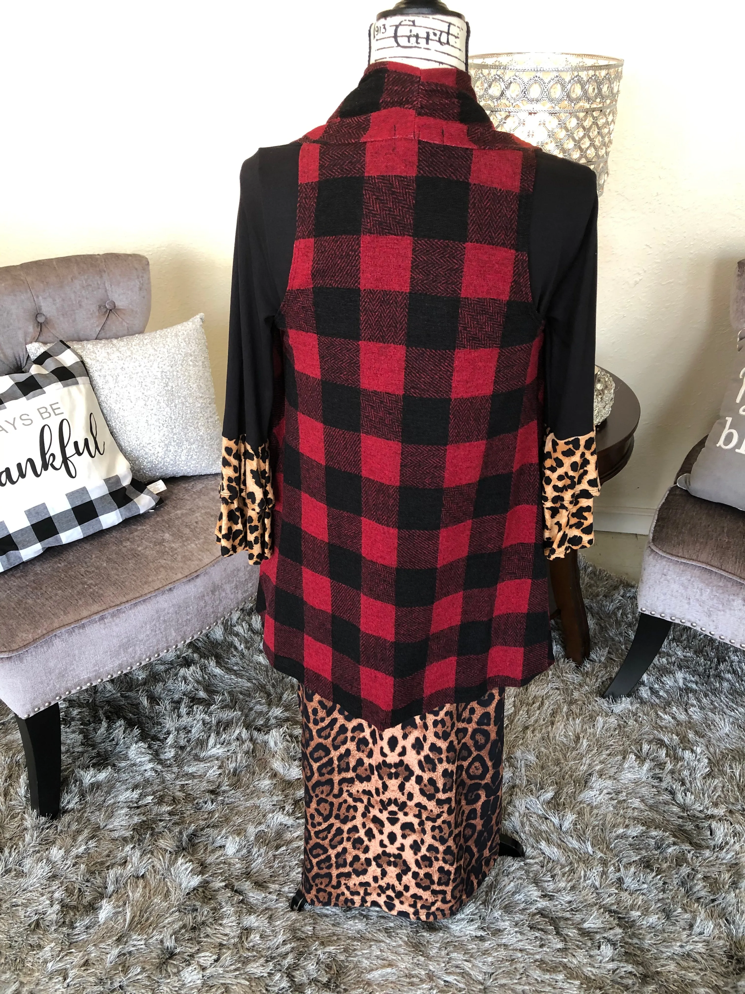 Red Plaid Midi Sleeveless Cardigan/Vest
