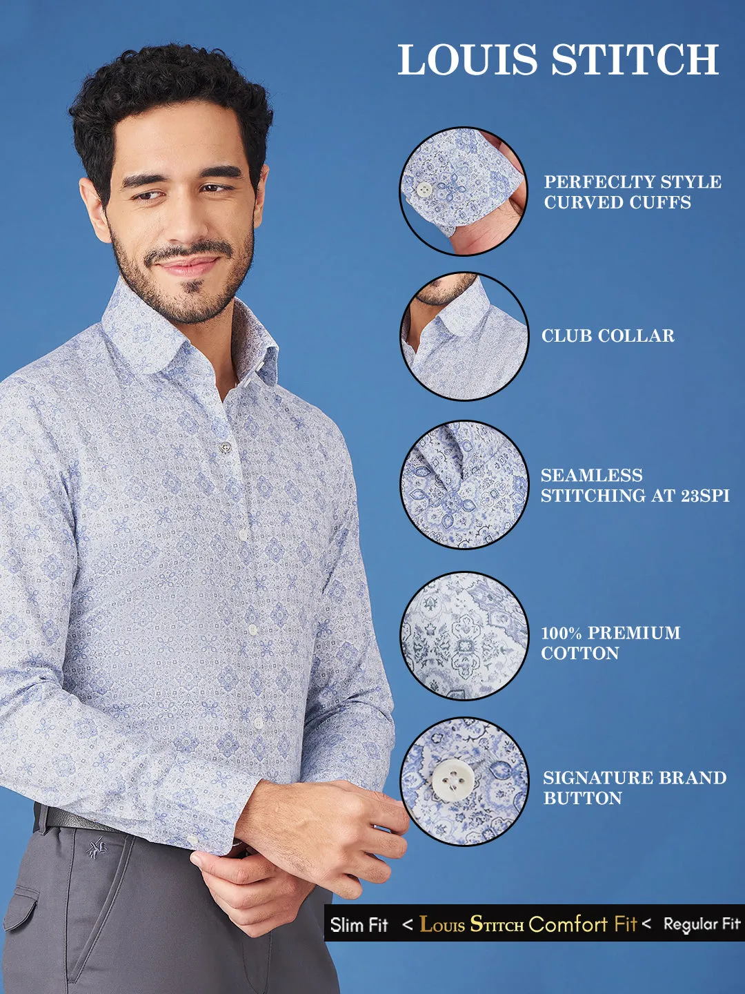 Regular Fit Formal Graphic Blue Shirt For Men