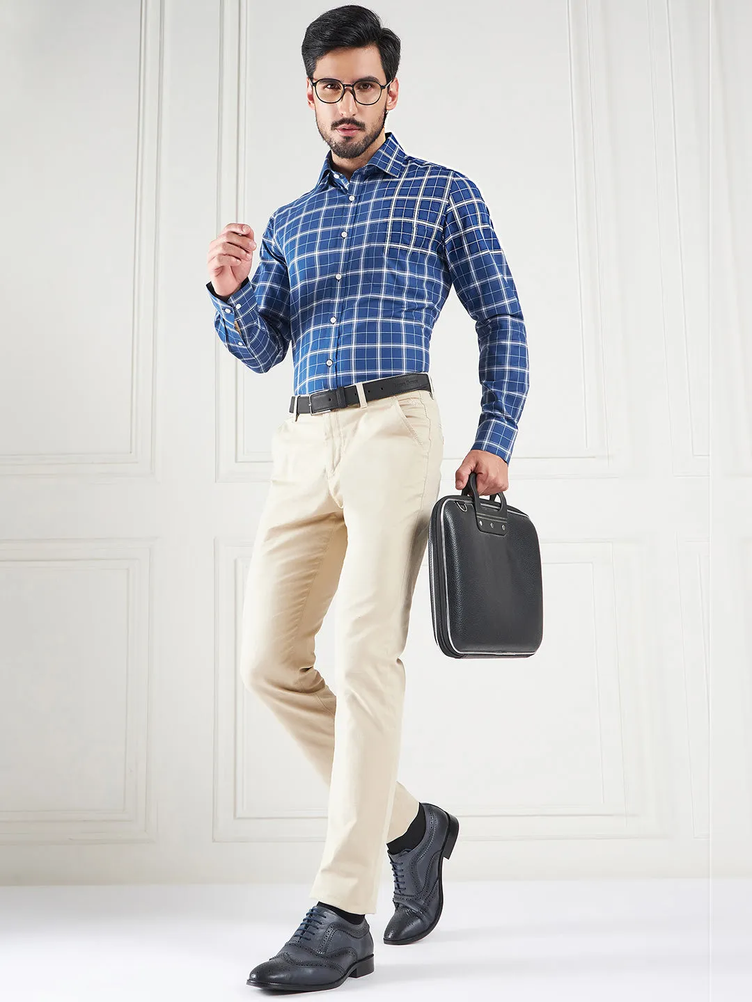 Regular Fit Gingham Checks Blue Shirt For Men