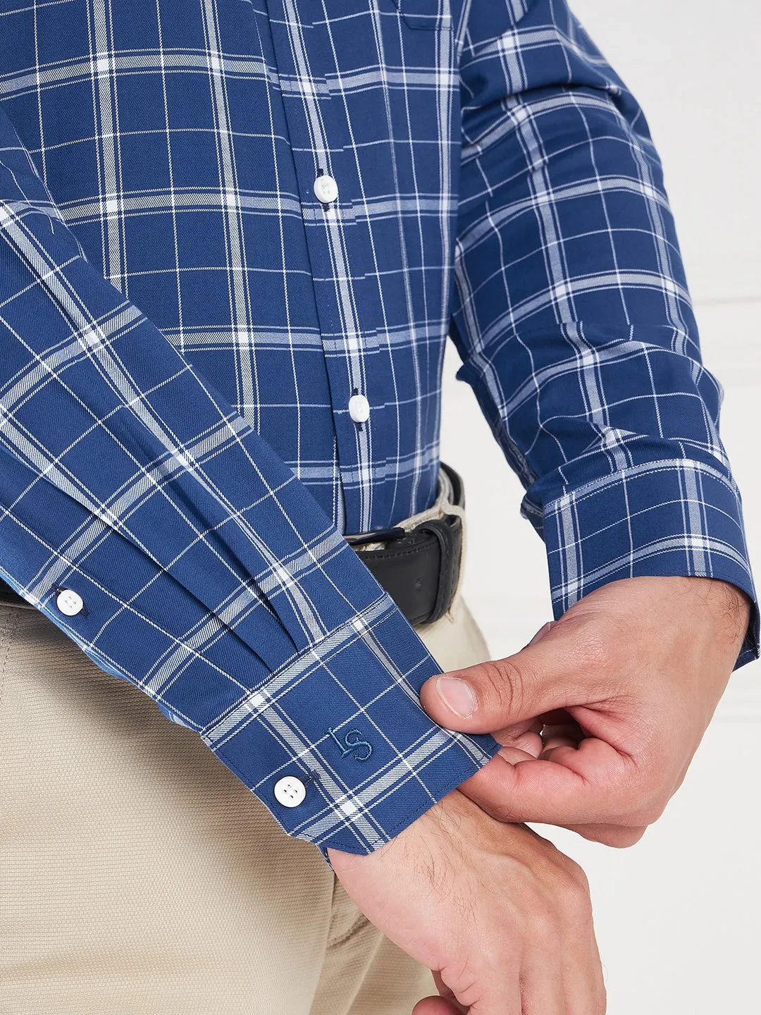 Regular Fit Gingham Checks Blue Shirt For Men