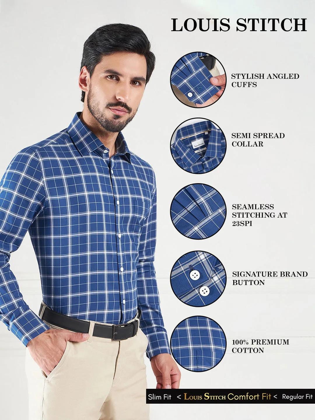 Regular Fit Gingham Checks Blue Shirt For Men
