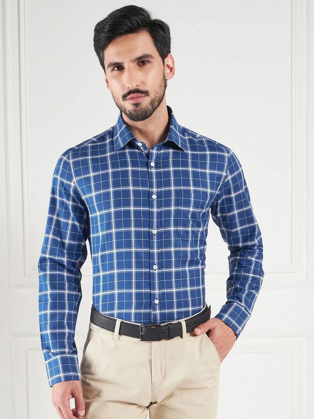 Regular Fit Gingham Checks Blue Shirt For Men