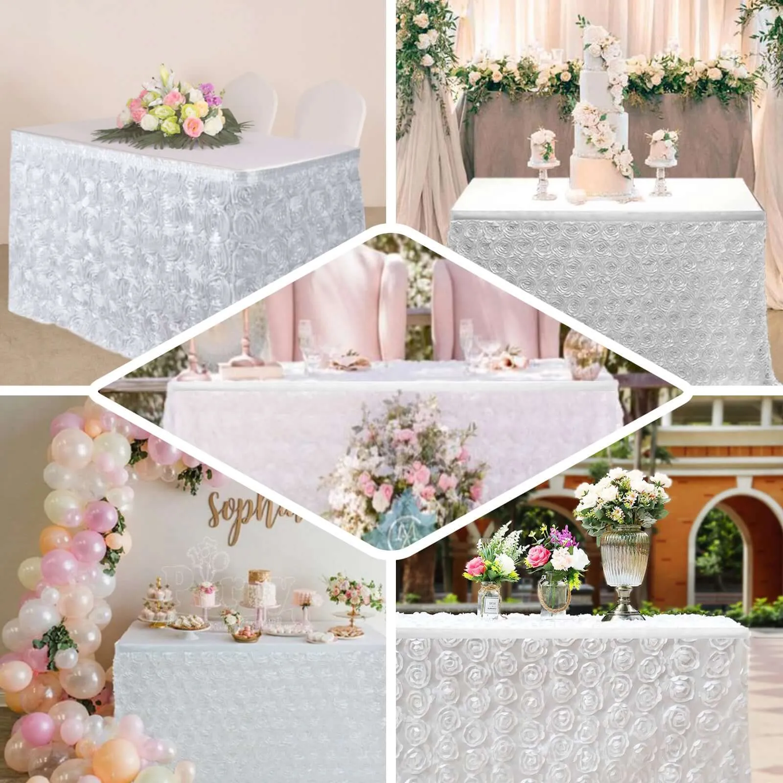 Rosette Satin Table Skirt 21ft White 3D Floral Design for Sophisticated Event & Wedding Table Cover