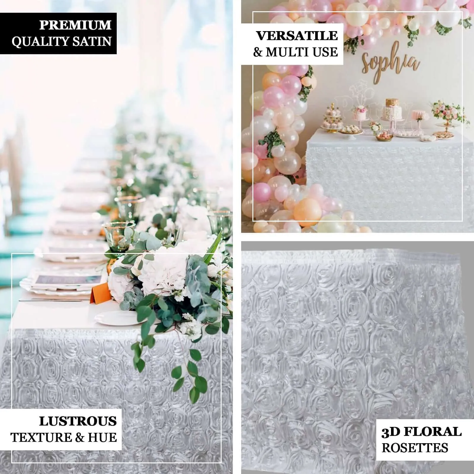 Rosette Satin Table Skirt 21ft White 3D Floral Design for Sophisticated Event & Wedding Table Cover