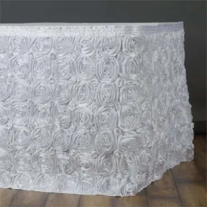 Rosette Satin Table Skirt 21ft White 3D Floral Design for Sophisticated Event & Wedding Table Cover