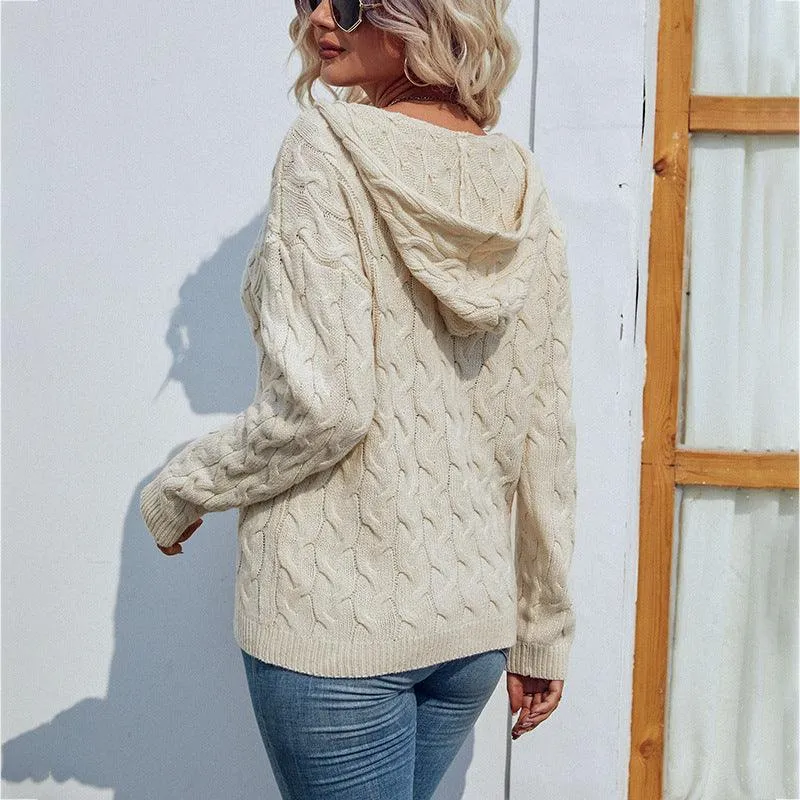 Solid Color And V-neck Hooded Sweater Cable Knit
