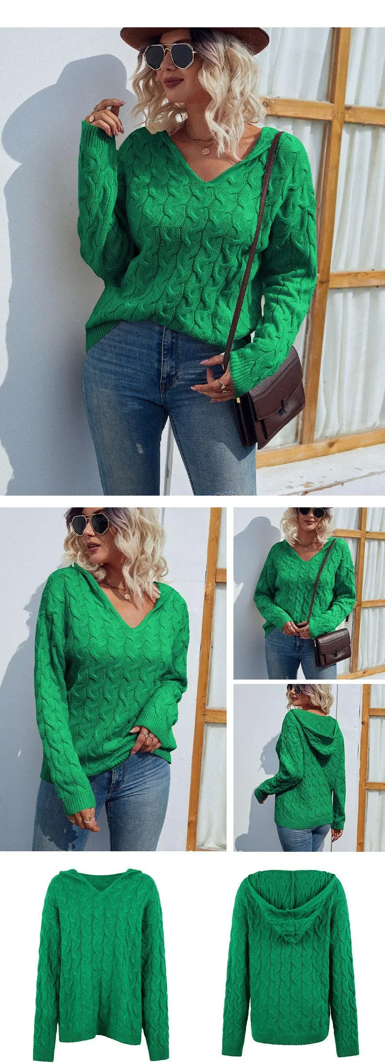 Solid Color And V-neck Hooded Sweater Cable Knit