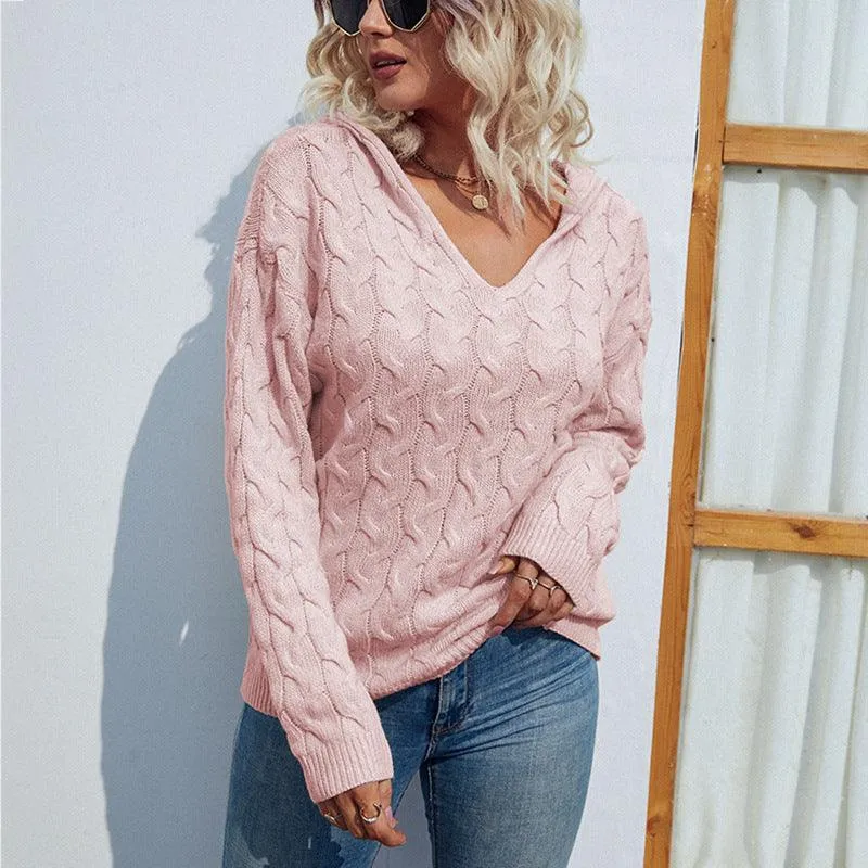 Solid Color And V-neck Hooded Sweater Cable Knit