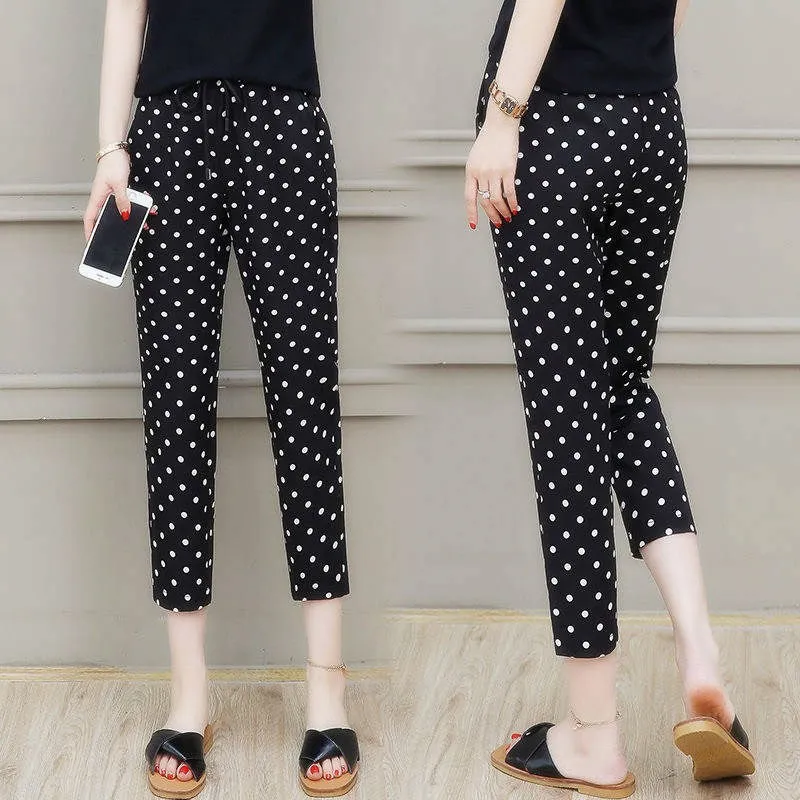 Summer High Waist Slim-Look Poker Dot Pants Women Korean Student All-Matching Loose Plus Size Three Quarter Casual Pants