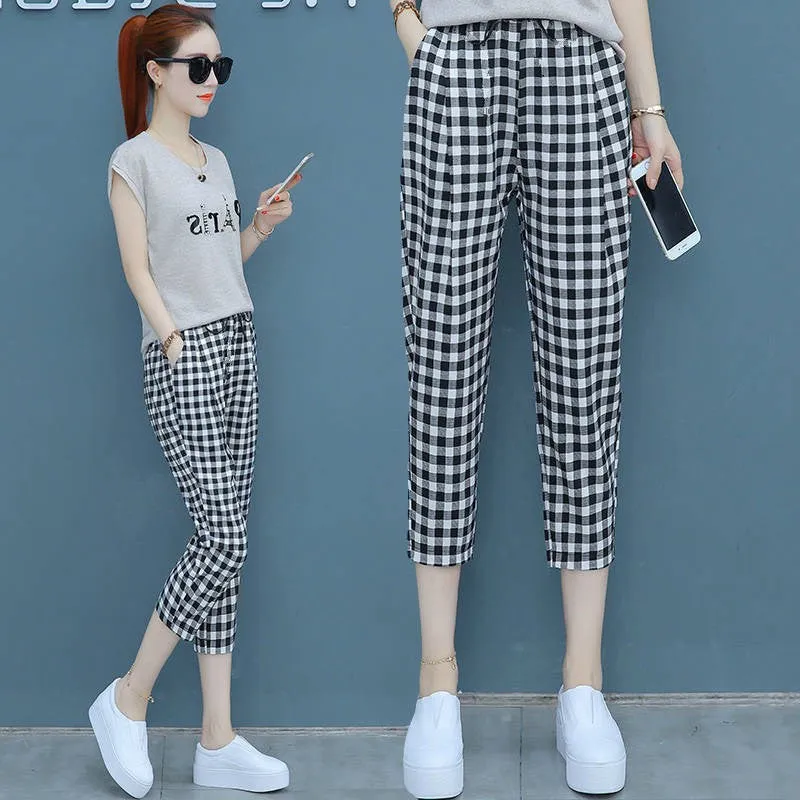 Summer High Waist Slim-Look Poker Dot Pants Women Korean Student All-Matching Loose Plus Size Three Quarter Casual Pants