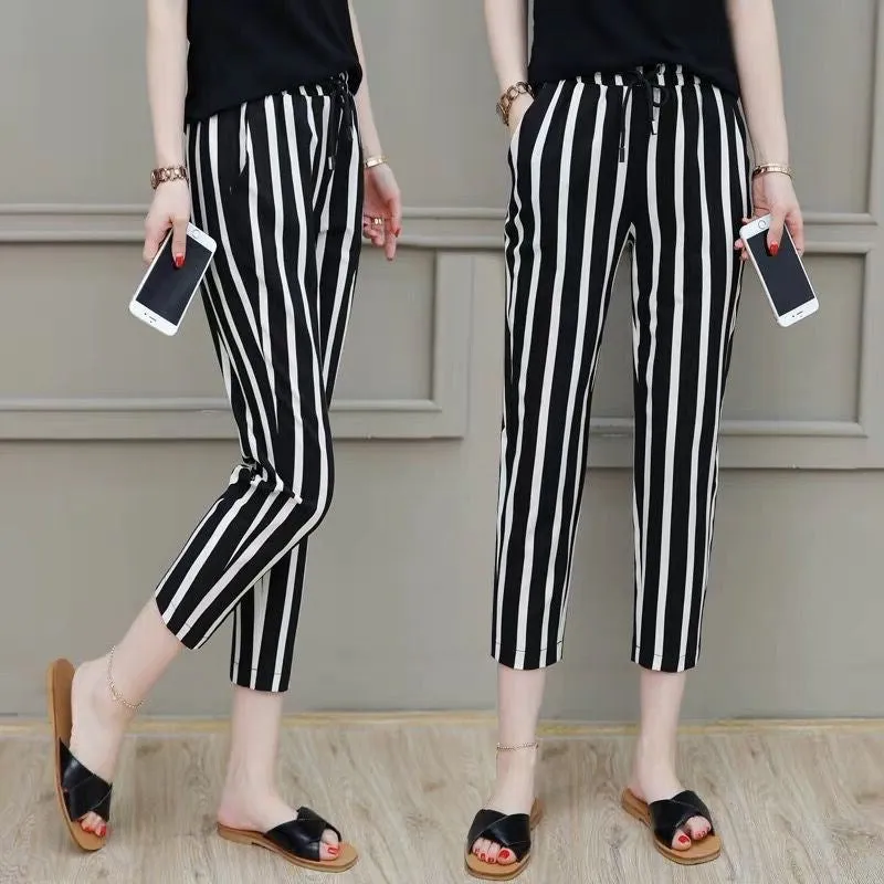 Summer High Waist Slim-Look Poker Dot Pants Women Korean Student All-Matching Loose Plus Size Three Quarter Casual Pants