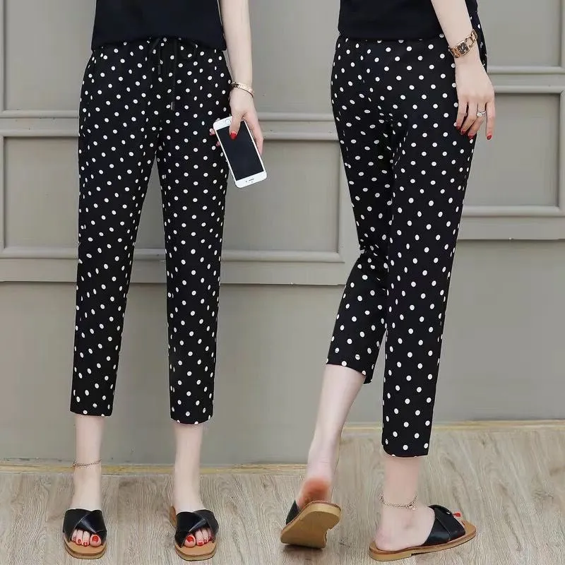 Summer High Waist Slim-Look Poker Dot Pants Women Korean Student All-Matching Loose Plus Size Three Quarter Casual Pants