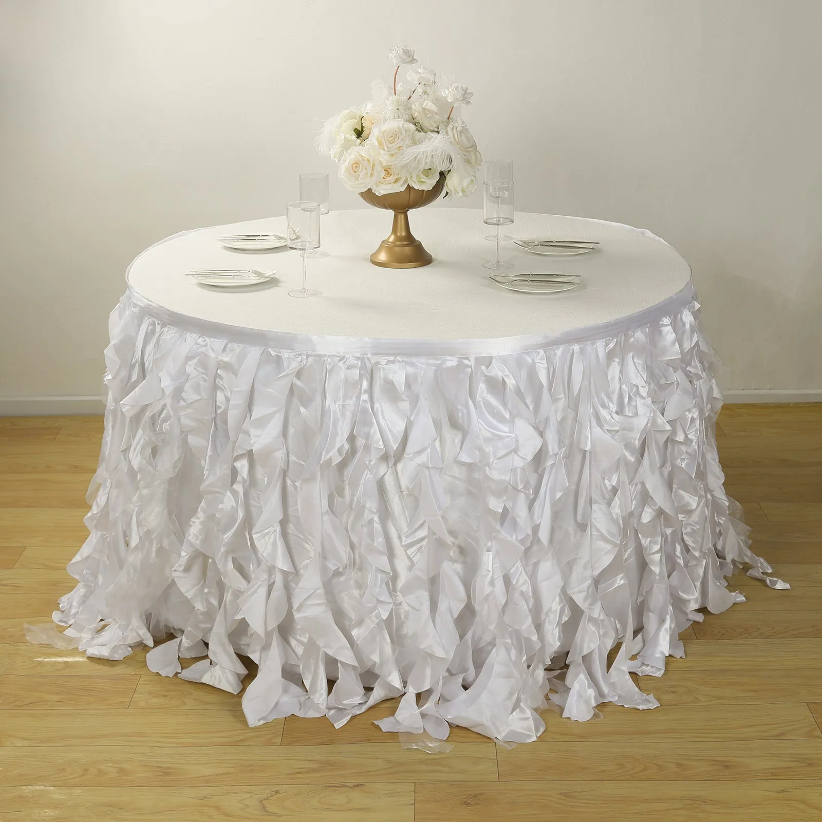 Taffeta Table Skirt 14ft White - Curly Willow Design for Stylish & Versatile Event Table Cover