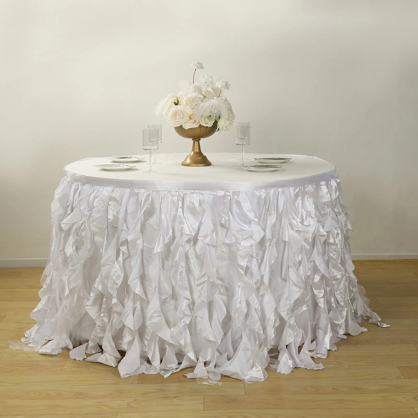 Taffeta Table Skirt 14ft White - Curly Willow Design for Stylish & Versatile Event Table Cover