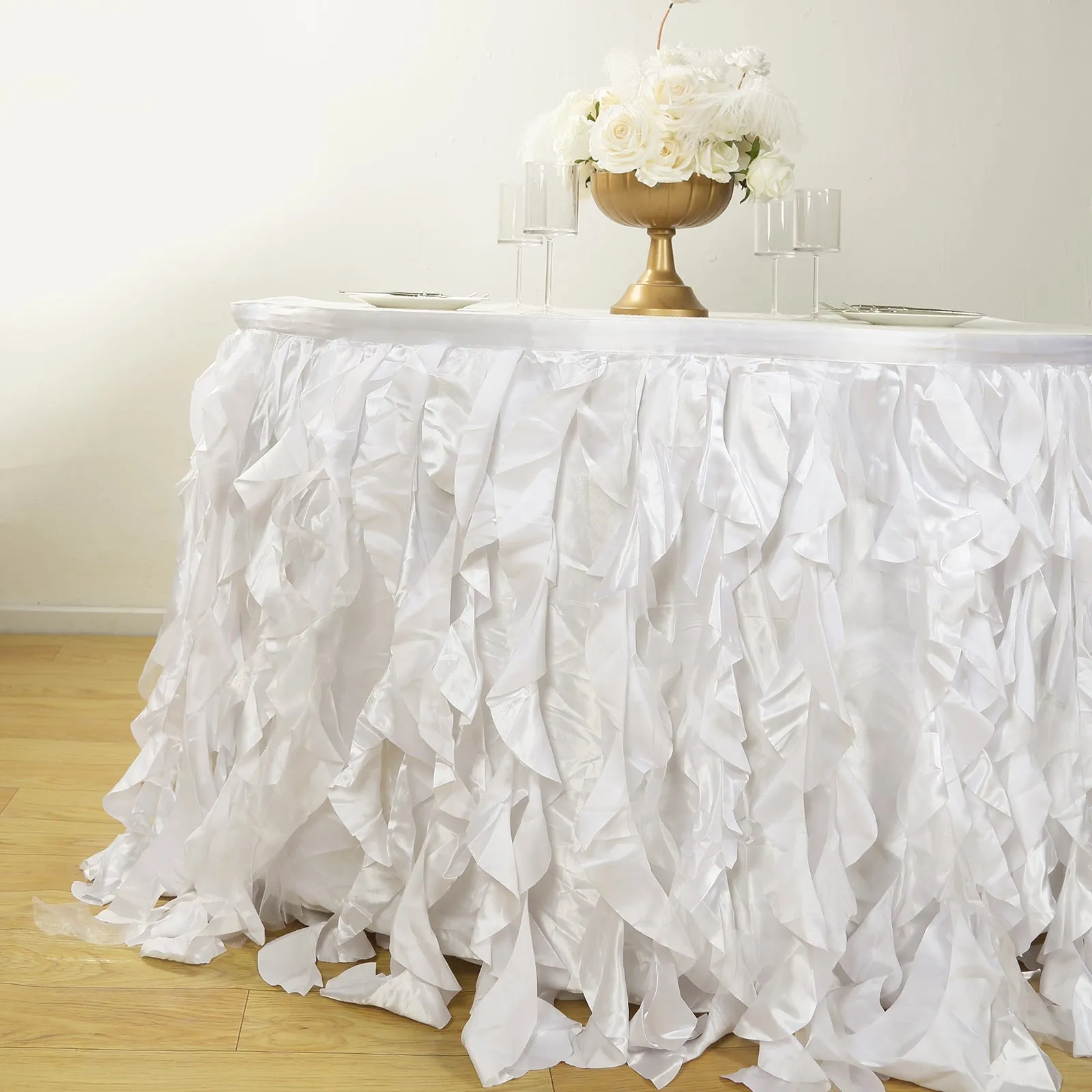 Taffeta Table Skirt 14ft White - Curly Willow Design for Stylish & Versatile Event Table Cover