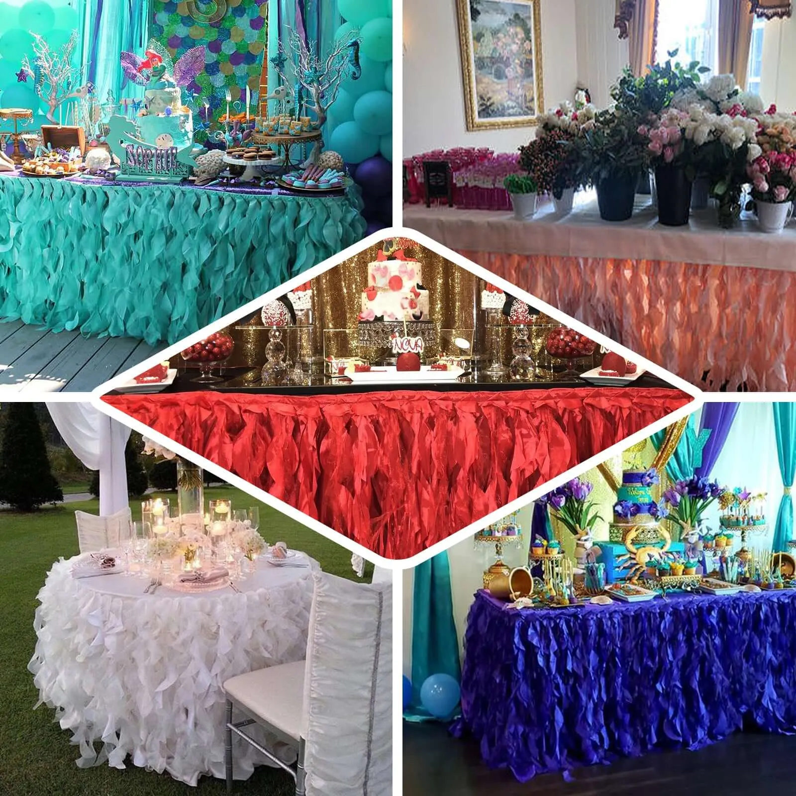 Taffeta Table Skirt 14ft White - Curly Willow Design for Stylish & Versatile Event Table Cover