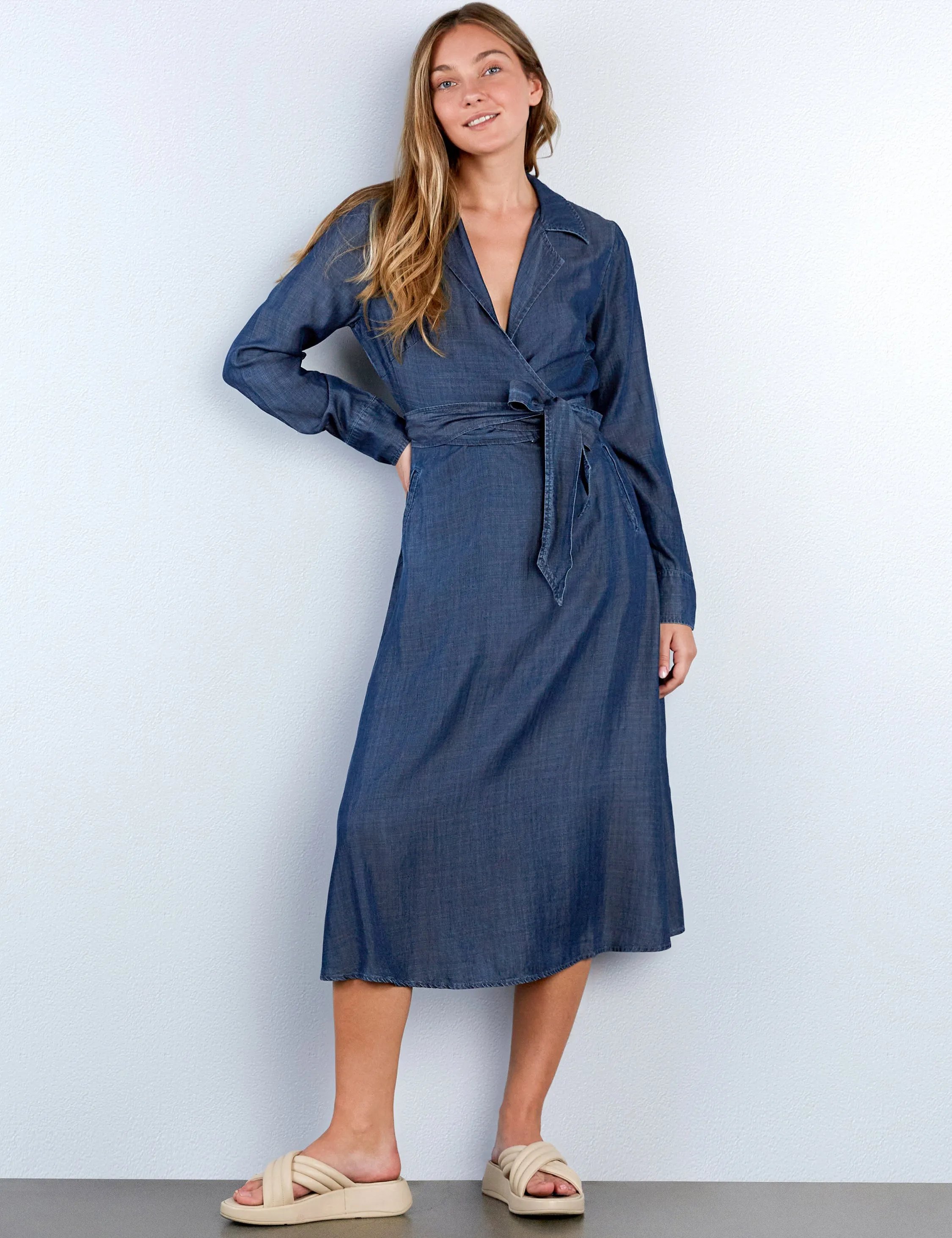 Tie Front Soft Denim Midi Dress