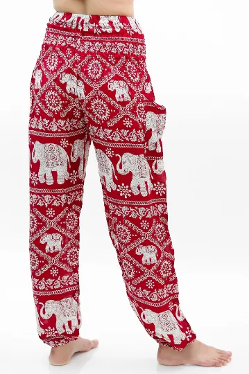 Unisex Bohemian Elephant Lattice Print Harem Pants- Burgundy