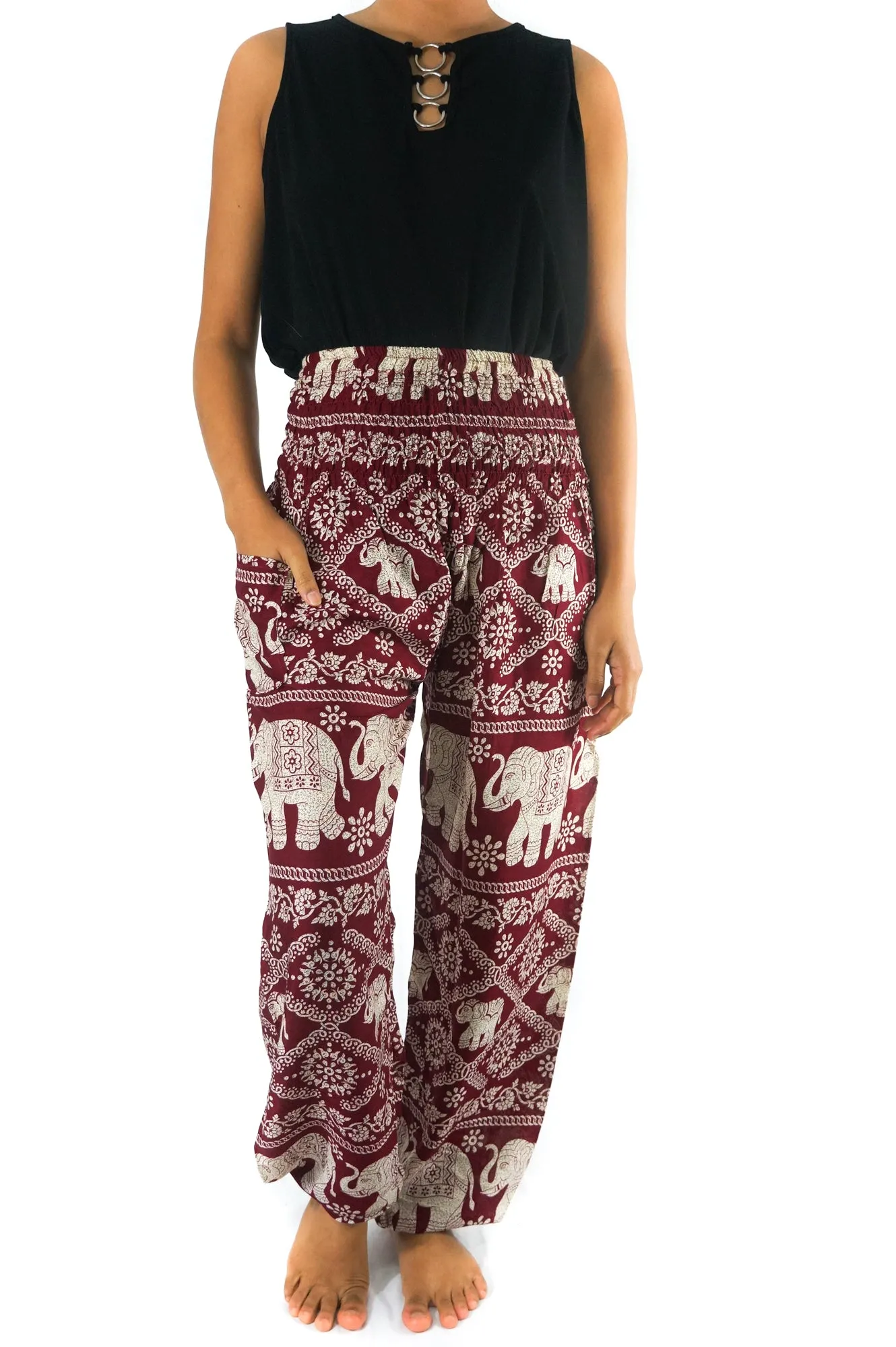 Unisex Bohemian Elephant Lattice Print Harem Pants- Burgundy