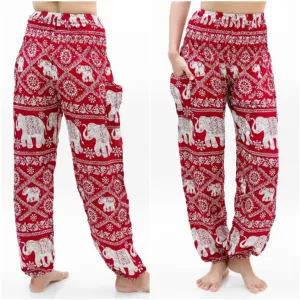 Unisex Bohemian Elephant Lattice Print Harem Pants- Burgundy