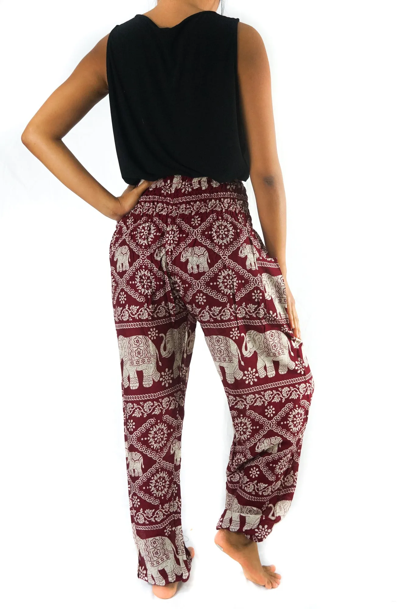 Unisex Bohemian Elephant Lattice Print Harem Pants- Burgundy