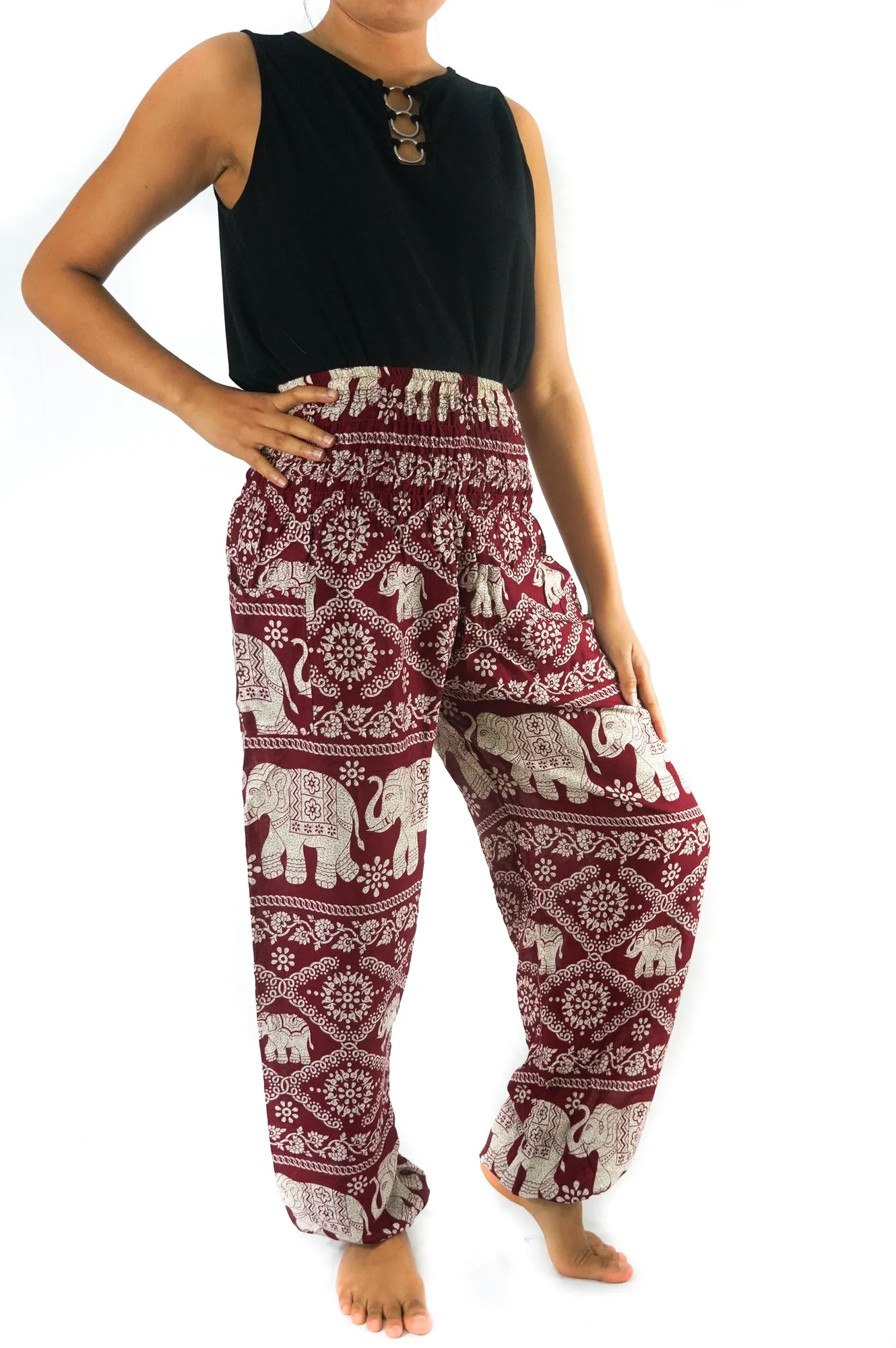 Unisex Bohemian Elephant Lattice Print Harem Pants- Burgundy