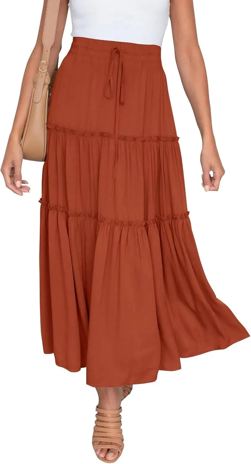 Women Boho Elastic Waist A Line Ruffle Beach Maxi Skirt Dress Tired Pleated Drawstring Chiffon Long Skirts