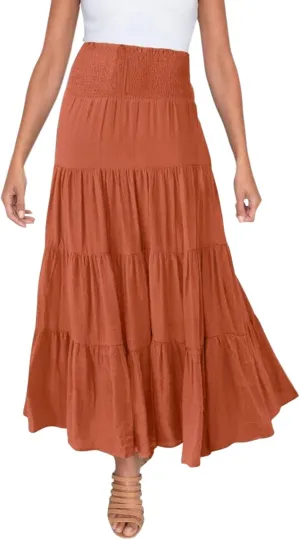 Women Boho Elastic Waist A Line Ruffle Beach Maxi Skirt Dress Tired Pleated Drawstring Chiffon Long Skirts