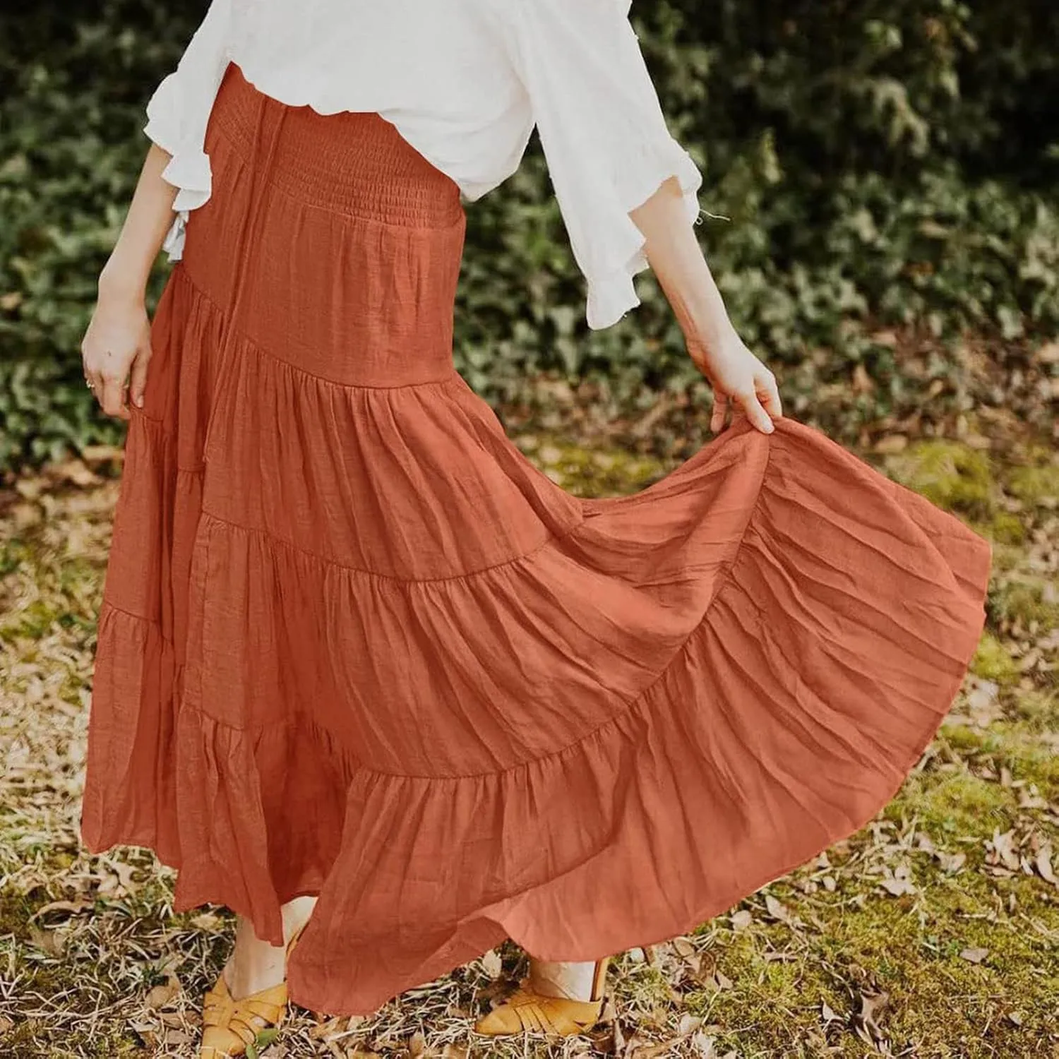 Women Boho Elastic Waist A Line Ruffle Beach Maxi Skirt Dress Tired Pleated Drawstring Chiffon Long Skirts