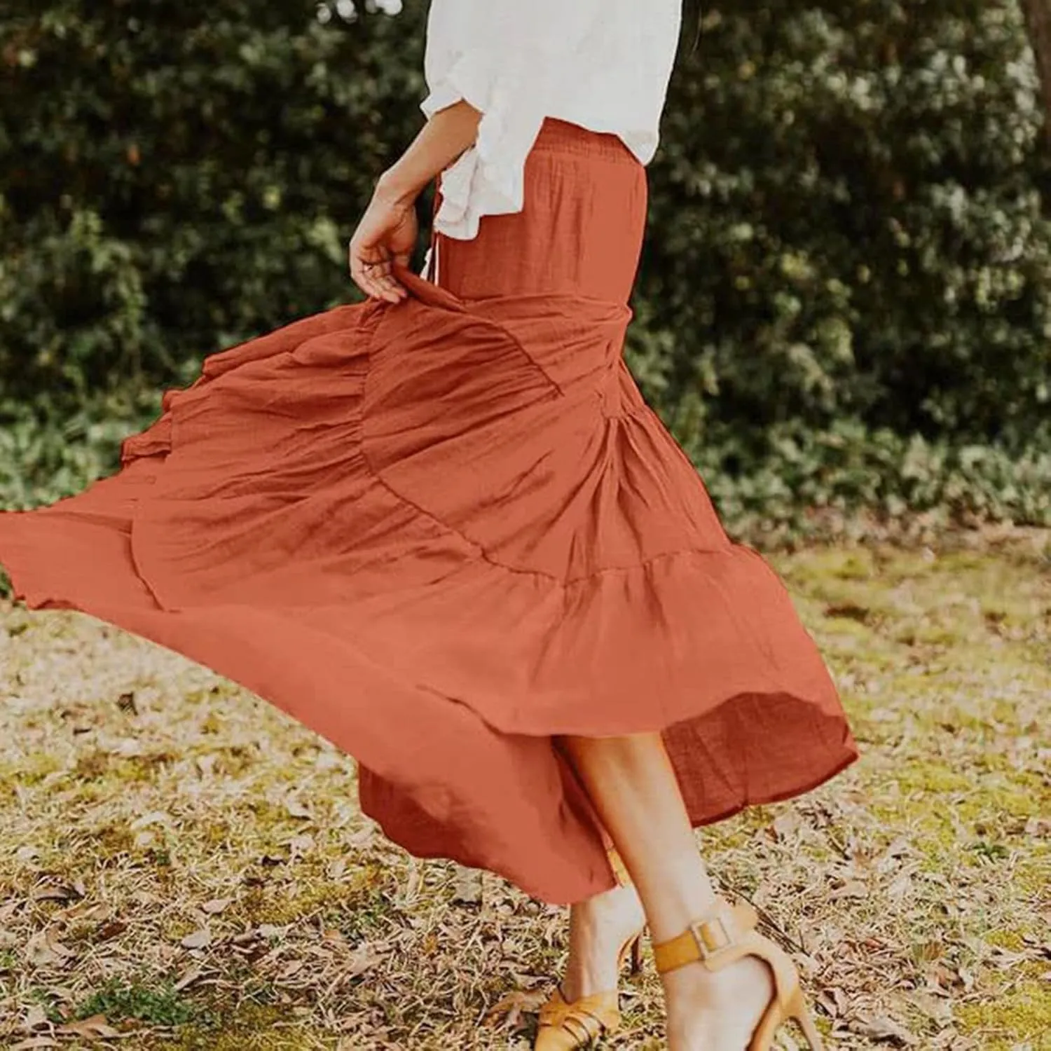 Women Boho Elastic Waist A Line Ruffle Beach Maxi Skirt Dress Tired Pleated Drawstring Chiffon Long Skirts