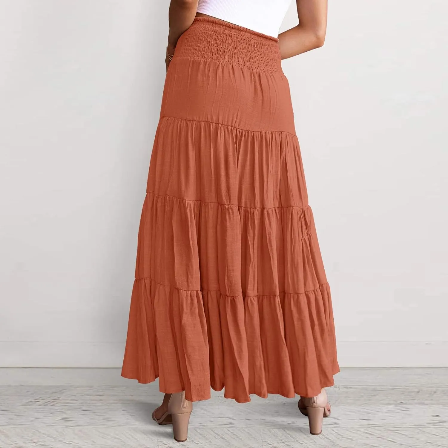 Women Boho Elastic Waist A Line Ruffle Beach Maxi Skirt Dress Tired Pleated Drawstring Chiffon Long Skirts