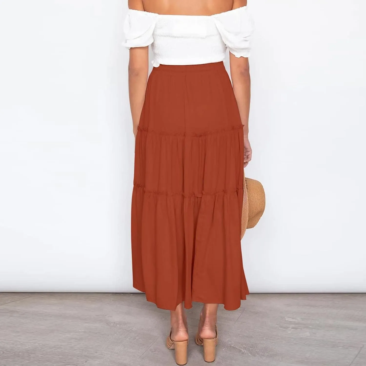 Women Boho Elastic Waist A Line Ruffle Beach Maxi Skirt Dress Tired Pleated Drawstring Chiffon Long Skirts