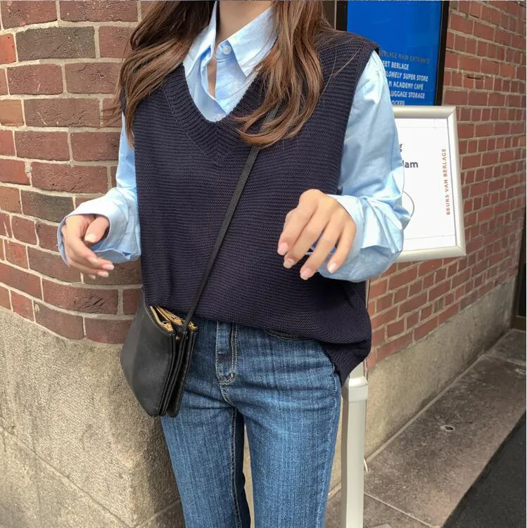 Women's Japanese Sweater Vest Women's Solid Color V-neck Loose Knit Vest Vest Women