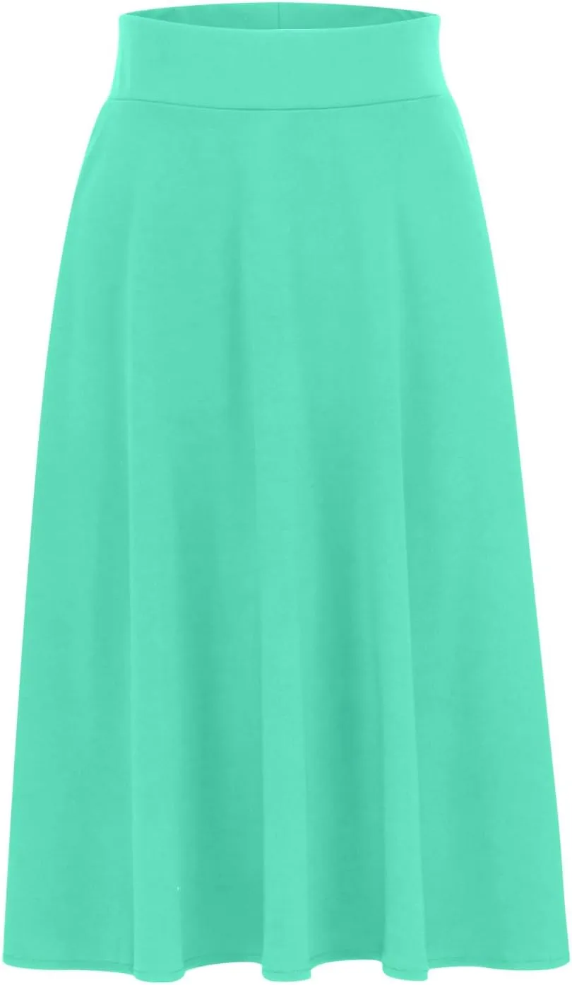 Women's Solid Color A-Line Skirts Elastic High Waist Flare Work Midi Skirts Knee Length Stretchy Skirts Dress
