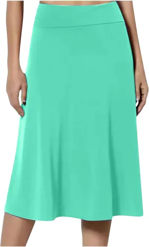 Women's Solid Color A-Line Skirts Elastic High Waist Flare Work Midi Skirts Knee Length Stretchy Skirts Dress