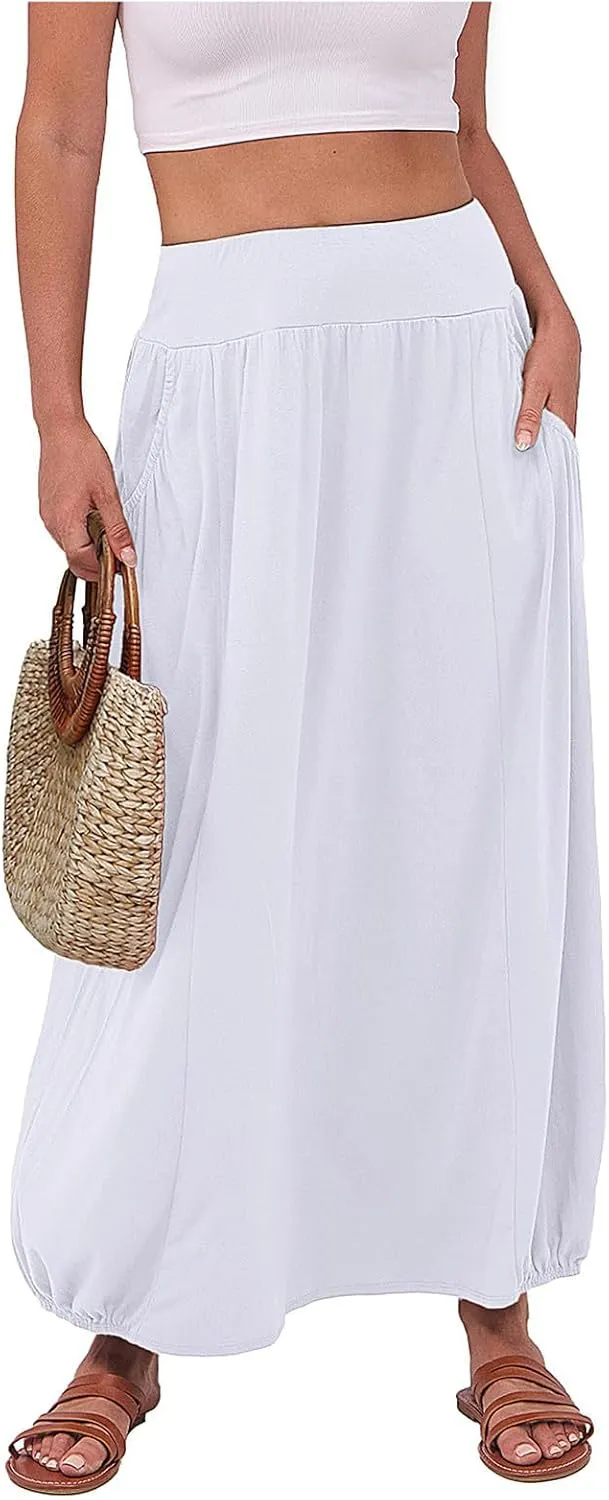 Womens Summer Long Maxi Skirt Solid A Line Pleated Elastic Waist Skirts 2025 Trendy Casual Beach Skorts with Pockets