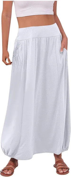 Womens Summer Long Maxi Skirt Solid A Line Pleated Elastic Waist Skirts 2025 Trendy Casual Beach Skorts with Pockets